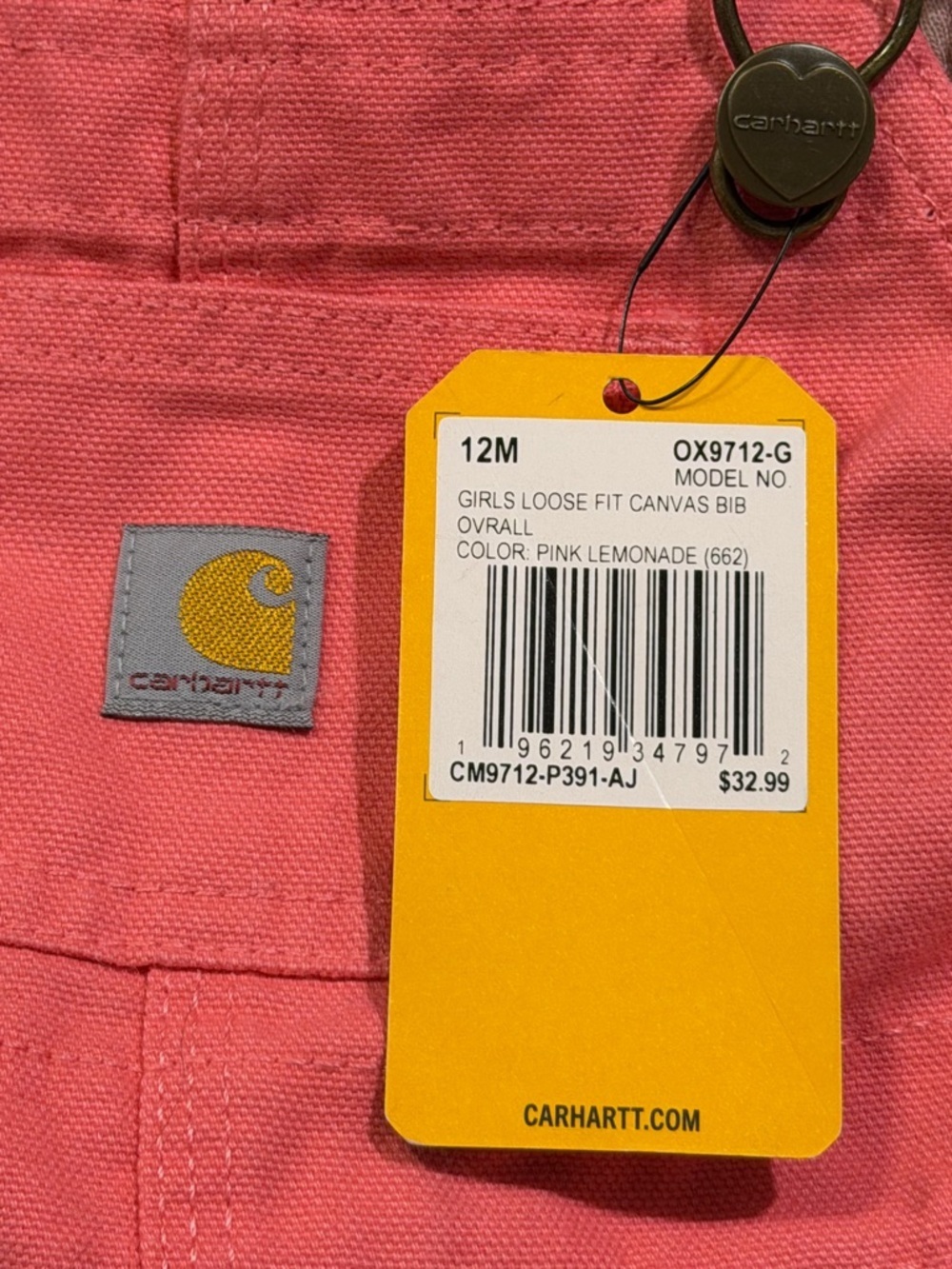Carhartt NWT Girls’ 12M Pink Lemonade Loose Fit Canvas Bib Overalls Adjustable - Picture 5 of 6